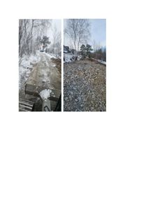 Fotografier av en vei eller terreng under anleggsarbeid, med snø og grus.