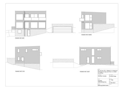 Fasadetegning som viser bygningens utseende fra fire sider (Øst, Nord, Syd, Vest).