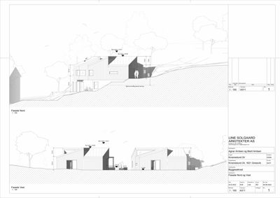 Fasadetegning som viser bygningens utseende fra nord og vest, inkludert høyder, takhøyder og terrengforhold.