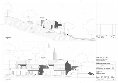 Fasadetegning som viser bygningens utseende fra øst og sør, inkludert høydemål og terrengforhold.