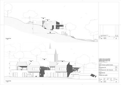 Fasadetegning som viser bygningens utseende fra vest og øst, inkludert høydemål og terrengforhold.
