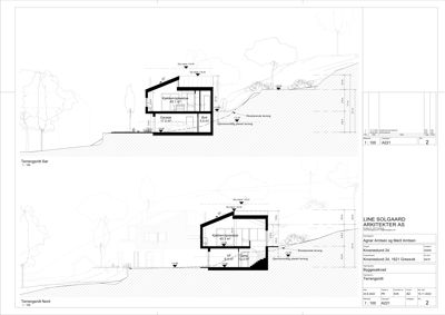 Tegning som viser tverrsnitt gjennom en bygning (terrensnitt) med romfordeling og høyder.