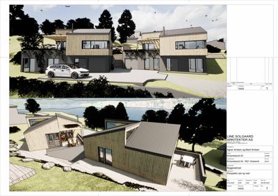 Perspektivtegning (rendering) av en planlagt bolig med omgivelser, inkludert bil og møblering.