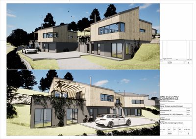 3D-visualisering (rendering) av en planlagt bolig sett fra to ulike vinkler (nordøst og nordvest).