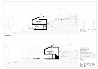 Tegning som viser tverrsnitt gjennom en bygning sett fra nord og sør, med oppgitt høyder og romfordeling.