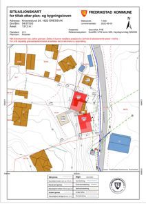 Situasjonskart for eiendommen Krosneslund 24 i Fredrikstad kommune, som viser tomtens grenser, naboeiendommer og infrastruktur.