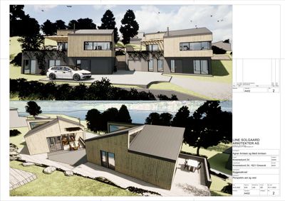 3D-visualisering (perspektivtegning) av en planlagt bolig med omgivelser.