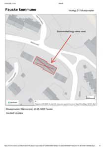 Situasjonsplan som viser tomtens beliggenhet i forhold til nabolaget, veier og eksisterende bygninger. Planen markerer også en brannskadet bygning som skal rives.