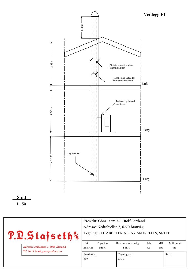 Snittegning som viser tverrsnitt gjennom en bygning med angitte høyder og konstruksjonsdetaljer for skorstein og etasjer.