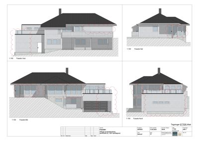 Fasadetegning som viser bygningens utseende fra fire ulike sider (Vest, Sør, Øst, Nord).