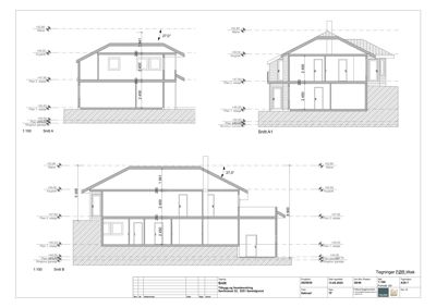 Snittegning som viser tverrsnitt gjennom en bygning med høydeangivelser og nivåer.
