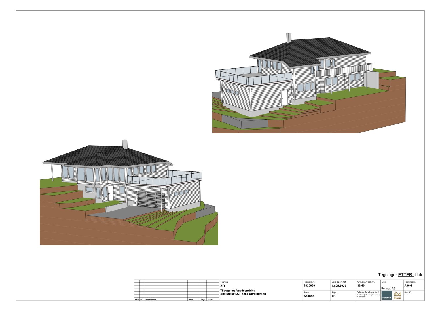 3D-visualisering av en planlagt bolig sett fra to ulike vinkler, med visuell fremstilling av terreng, fasade og tak.