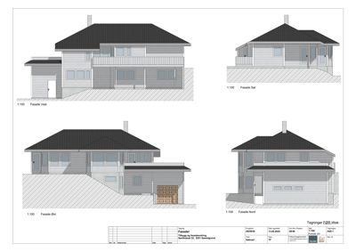 Fasadetegning som viser bygningens utseende fra fire ulike sider (Vest, Sør, Øst, Nord).