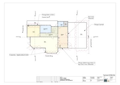 Etasjeplan (Plan 2. etasje) som viser romfordeling, vegger, dører og planlagte endringer i fasade og vinduer.