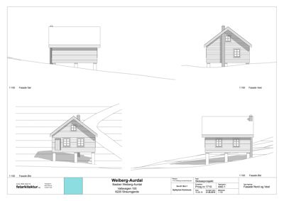 Fasadetegninger (Nord, Sør, Øst, Vest) for et hus i skisseprosjekt.