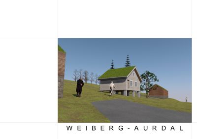 3D-visualisering av en bygning med grønt tak og omgivende landskap, inkludert figurer for skala.