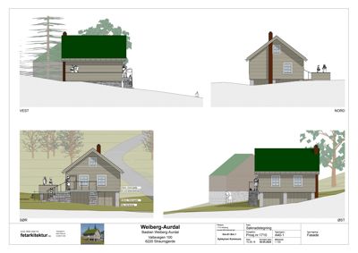 Fasadetegning som viser bygningens utseende fra fire sider (VEST, NORD, SØR, ØST) med omgivende terreng og trær.