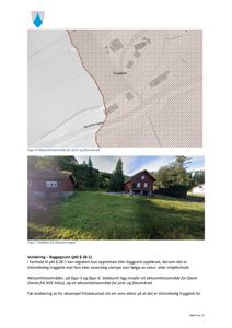 Fotografi av to røde hytter med grønt tak og en grønn hage, sett fra Nysætervegen.