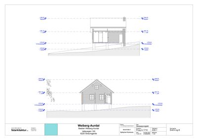 Snittegning som viser bygningens tverrsnitt, høyder og konstruksjon.