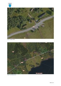 Bildet viser to kartutsnitt (flyfoto) med overlagte tegninger som viser eiendomsgrenser, veier og vann. Det er merket med 'Figur 2 Flyfoto 2024' og 'Figur 3 Områdeoversikt'.