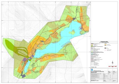 Situasjonsplan (tegning) som viser et område med topografi, vann og arealbruksinndeling.