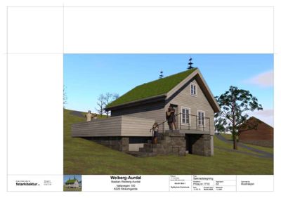3D-visualisering (rendering) av et hus med grønt tak, sett fra siden. Bildet viser fasade, terreng og omgivelser.
