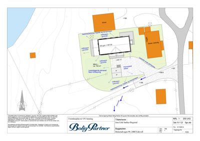 Situasjonsplan som viser tomtens grenser, eksisterende bebyggelse (Røves, Veggl), planlagt bygning (Utomhusplan), innretning i grunnen, høydemål og tilknyttede veier.