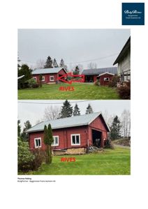 Fotografi av en rød skurbygning på en grønn tomt, med to bilder av samme bygning fra ulike vinkler.