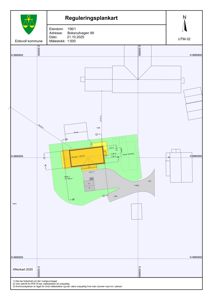 Reguleringsplankart som viser tomtens grenser, bygningers plassering, arealer og høyder.