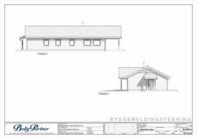Fasadetegning som viser bygningens utseende fra to sider (Fasade 3 og Fasade 4).