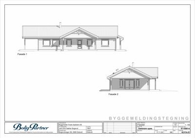 Tegning som viser fasadeoppsettet for en bolig (Fasade 1 og Fasade 2).