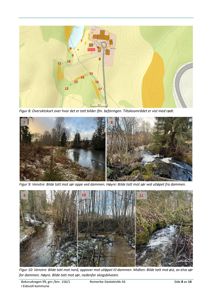 En samling av flere fotografier som viser et naturområde med en dam, en elv og skog. Bildene er nummerert og referert til i teksten under.