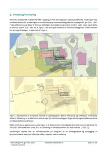 Et dokument fra en geoteknisk rapport som viser to illustrasjoner (øverst en digital tegning og nederst en håndtegnert skisse) av tomtens situasjon og planlagte plassering av en ny kårbolig og minireseanlegg.
