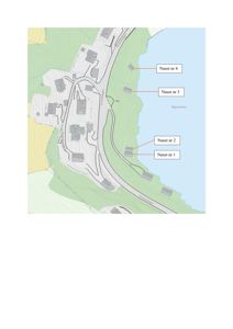 Situasjonsplan som viser tomtens beliggenhet i forhold til nabolag, vei (Strandvegen) og vann (Bygardsvika). Planen inkluderer høydekurver og plassering av eksisterende bygninger, samt merking av planlagte naust (Naust nr 1-4).