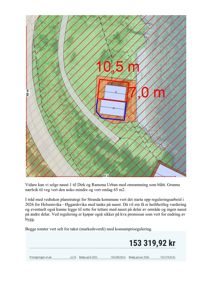 Situasjonsplan som viser tomtens beliggenhet, grenser, nabotomter (markert med blå og oransje omramming) og en planlagt bygning (rødt rektangel).