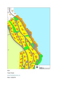 Situasjonsplan som viser tomtedeling, vegnett, vannkropp og arealbruk (fargekodet) for et boligområde.