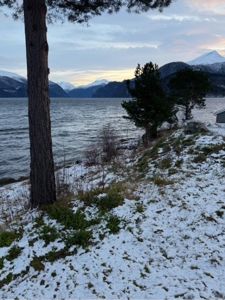 Fotografi av en kystlinje med snø, trær, vann og fjell i bakgrunnen.