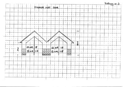 Fasadetegning (opprikk) av en bygning sett fra sør, med angitte mål og bygningstall.