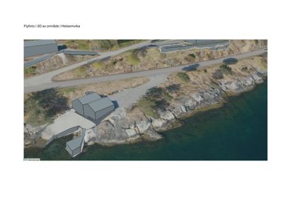 Et flyfoto i 3D av et område i Helsemvika som viser eksisterende bygninger, vei og kystlinje.