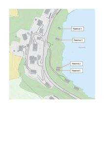 Situasjonsplan som viser tomtens beliggenhet ved kysten (Bygardsvika), vegnet (Strandvegen), høydemålerlinjer og plassering av flere bygninger, inkludert fire spesifikke naust (Naust nr 1-4).