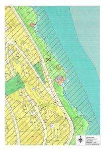 Situasjonskart som viser tomtens beliggenhet i forhold til veier, vann og nabolag.