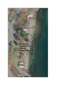 Flyfoto eller satellittbilde av et kystområde med overlagte tegninger som viser eksisterende og planlagte naust, samt et omrisset av et friluftsområde.