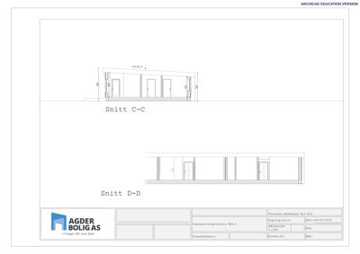 Snittegning (Snitt C-C og Snitt D-D) som viser tverrsnittet gjennom bygningen med høydemål og romfordeling.