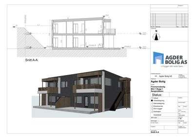Bildet viser en snittegning (Snitt A-A) av en bolig, som viser høyder, grunnmur og etasjer. Under snittet er det også en 3D-visualisering av fasaden sett fra samme vinkel.