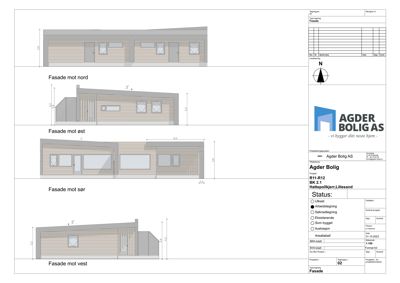 Fasadetegning som viser bygningens utseende fra fire sider (nord, øst, sør, vest) med mål og detaljer.