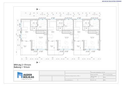 Etasjeplan (BRA etg) som viser romfordeling, mål og funksjoner for tre leiligheter.