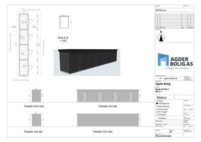 En tegning som viser fasadeoppsett for en rekke av boder, inkludert snitt (Snitt A-A) og utsnitt av fasader mot nord, øst, sør og vest.