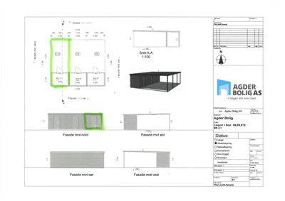 Snittegning (Snitt A-A) av en bygning med tilhørende fasadeopprikk mot nord, vest og øst.