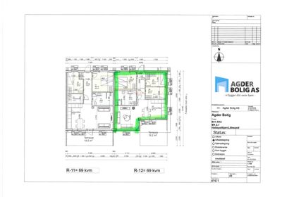 Etasjeplan (R-11 og R-12) som viser romfordeling, dimensjoner og areal for en bolig.