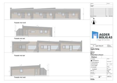 Fasadetegning som viser bygningens utseende fra alle fire sider (nord, øst, sør, vest) med mål og detaljer.